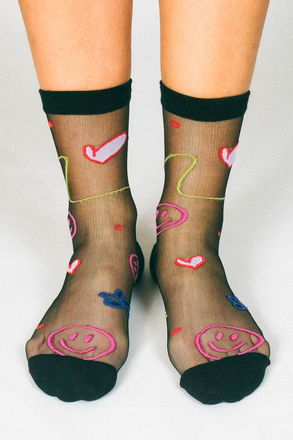 Happy Doodles Sheer Ankle Sock by Hannah Packer