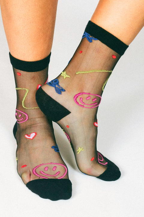 Happy Doodles Sheer Ankle Sock by Hannah Packer