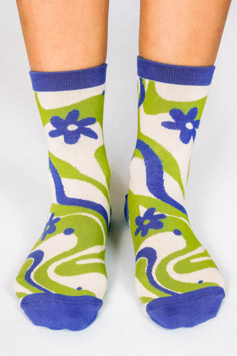 Funky Squiggly Flowers Knit Ankle Sock by Hannah Packer
