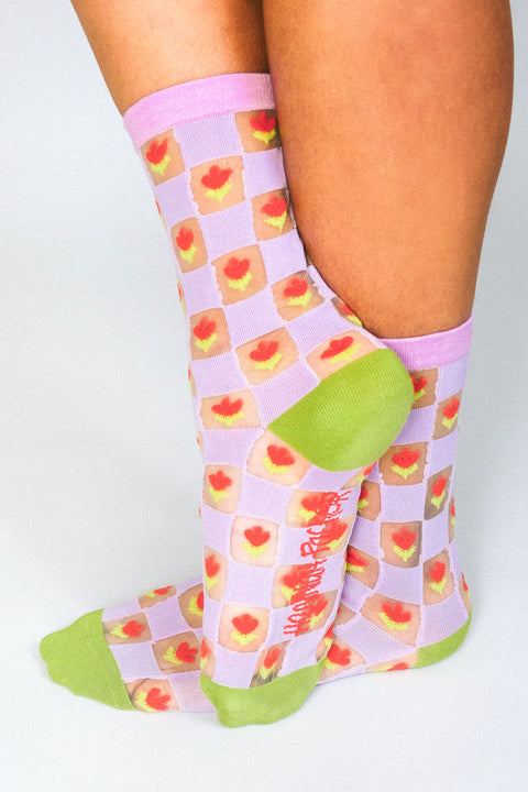 Checkered Tulips Sheer Ankle Sock by Hannah Packer
