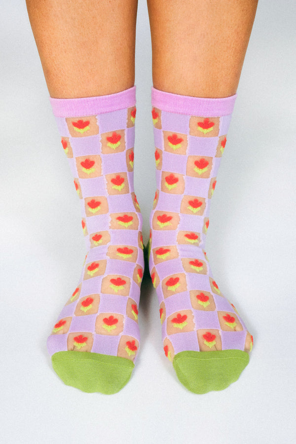 Checkered Tulips Sheer Ankle Sock by Hannah Packer