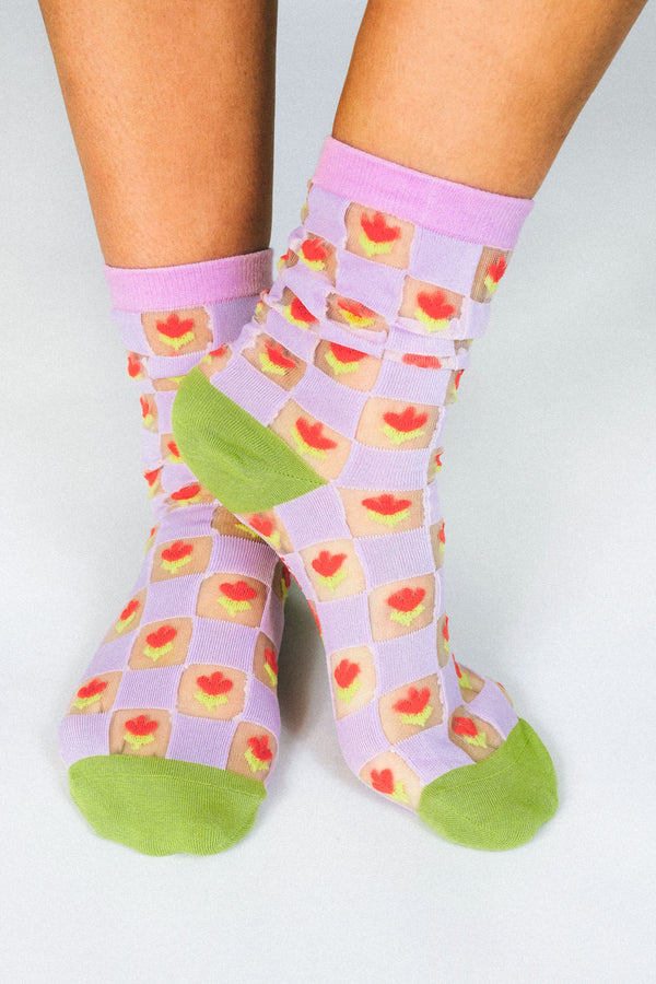 Checkered Tulips Sheer Ankle Sock by Hannah Packer