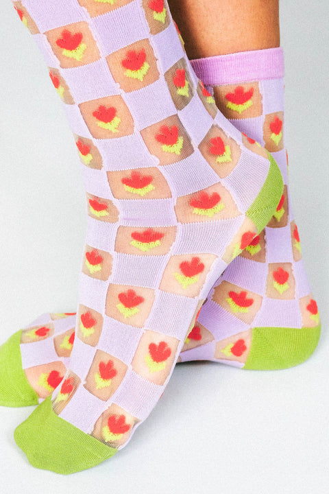 Checkered Tulips Sheer Ankle Sock by Hannah Packer